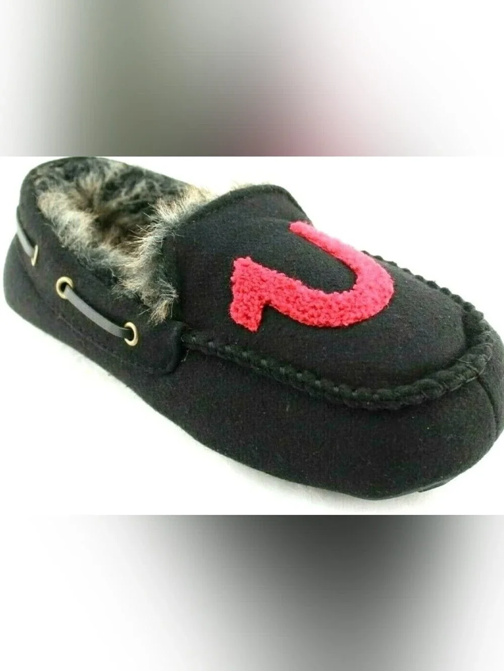 True Religion Black Faux Fur Moccasin Slipper with Red Logo
